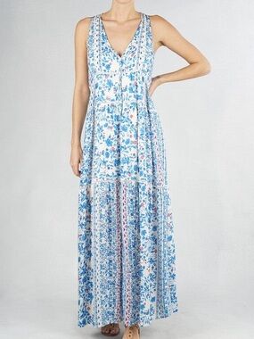 Lovestitch Floral Boho Maxi Dress Blue White Sleeveless Tiered Size M